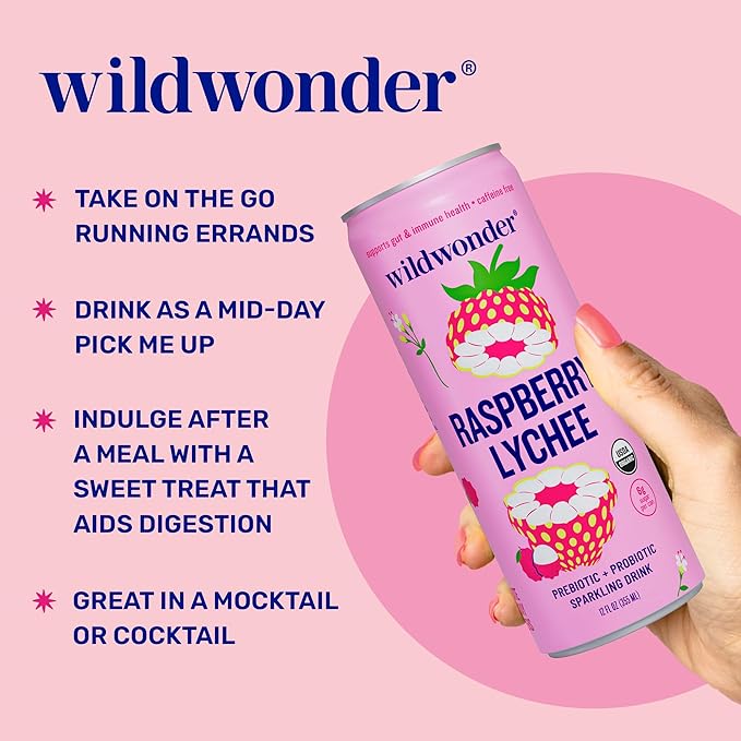 NEW! wildwonder Sparkling Probiotic Drink 12pk, For Gut Health & Immune Support, Raspberry Lychee, 5g Prebiotic Fiber, Live Probiotics, Organic, Vegan, Low Sugar, 12 Pack, 12oz Can, Seen on Shark Tank