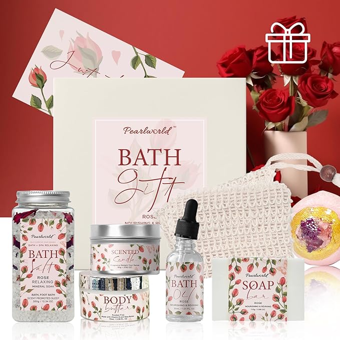 Rose Spa Gift Set for Women, Luxury 9 Pcs Bath Salts Set, Relaxation Gifts for Women, Self Care Set, Clean Moisturizing Skin, Gifts for Mom, Wife, Sister, Friend