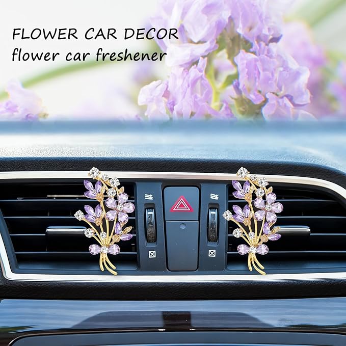 2pcs Flower Car Vent Clips Car Air Freshener Bouquets Flower Purple Car Accessories for Women Rhinestone Flower Air Vent Clips Car Decor,Sparkling Refillable Car Diffuser