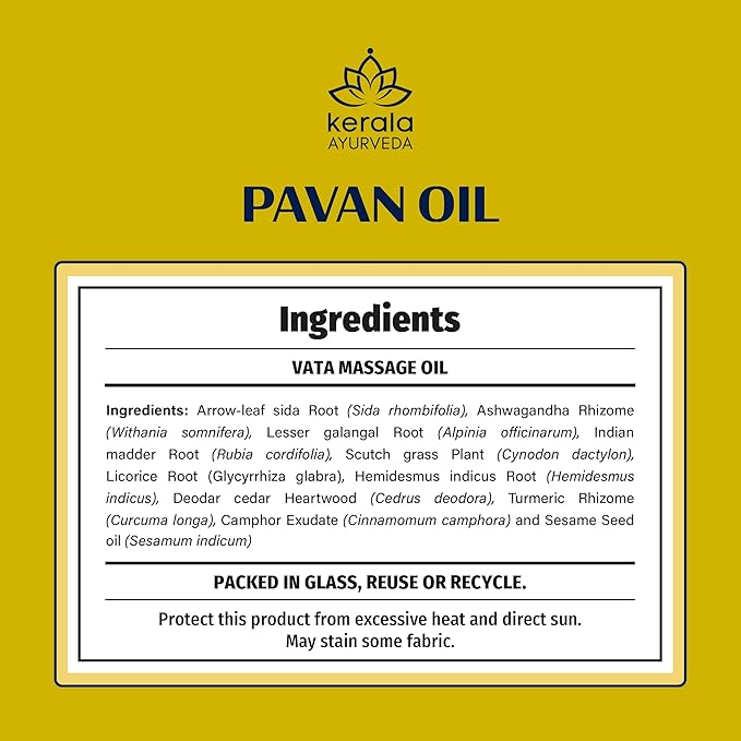 Kerala Ayurveda Everyday Herbal Massage Oil | Nourishes Dry Skin | Ashwagandha Rich Oil | Promotes Sleep & Relaxation | Ideal for Balancing Vata Dosha | Pavan Oil - 6.8 Fl Oz