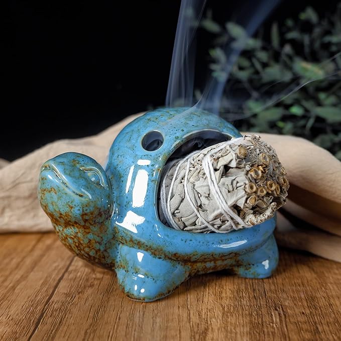 Blue Ceramic Turtle Palo Santo Burner - Mini Chiminea, Burns Palo SantoăSageăIncense Cones, Doubles as Small Candle Holder for Energy CleansingăYogaăMeditationăZenăAltar Aromatherapy