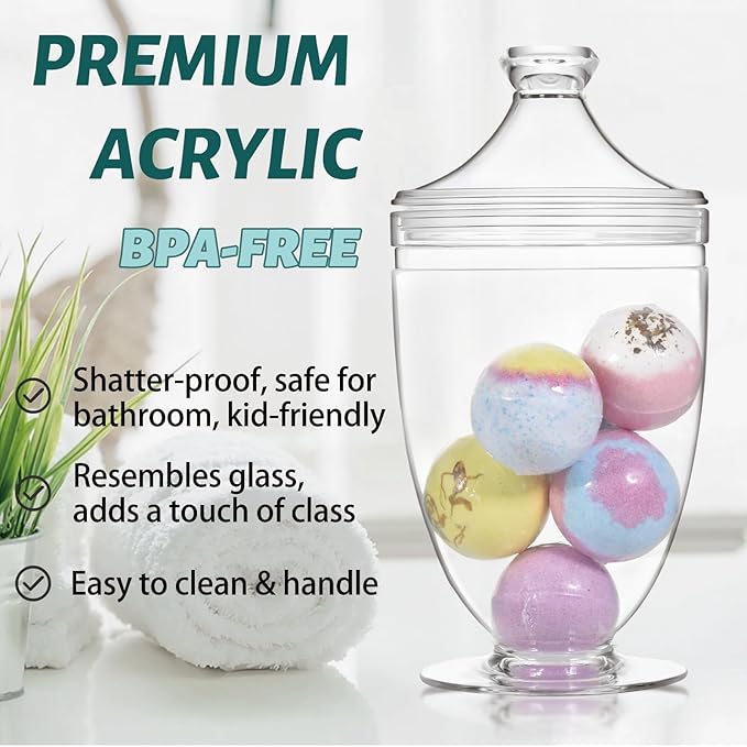 Large Acrylic Jar with Lid 46 oz, Bath Salt Container with Scoop, Shatterproof Apothecary Jar for Bathroom, Laundry Room, Kitchen, Candy Buffet