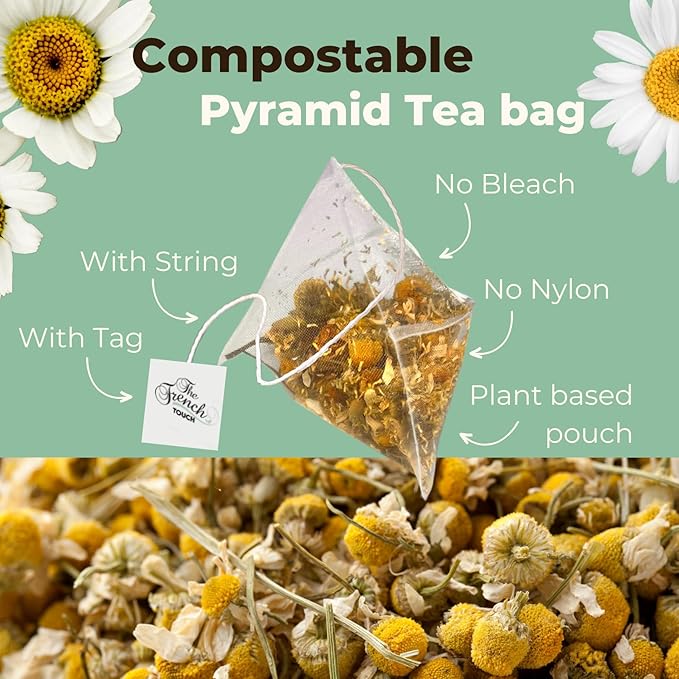 The French Touch Chamomile Tea ORGANIC | 1.5g x 30 Pyramid Bags |100% Certified USDA Organic | Plant based tea bags | Select Premium Tea | Whole Flower (Chamomile) | Caffeine-free