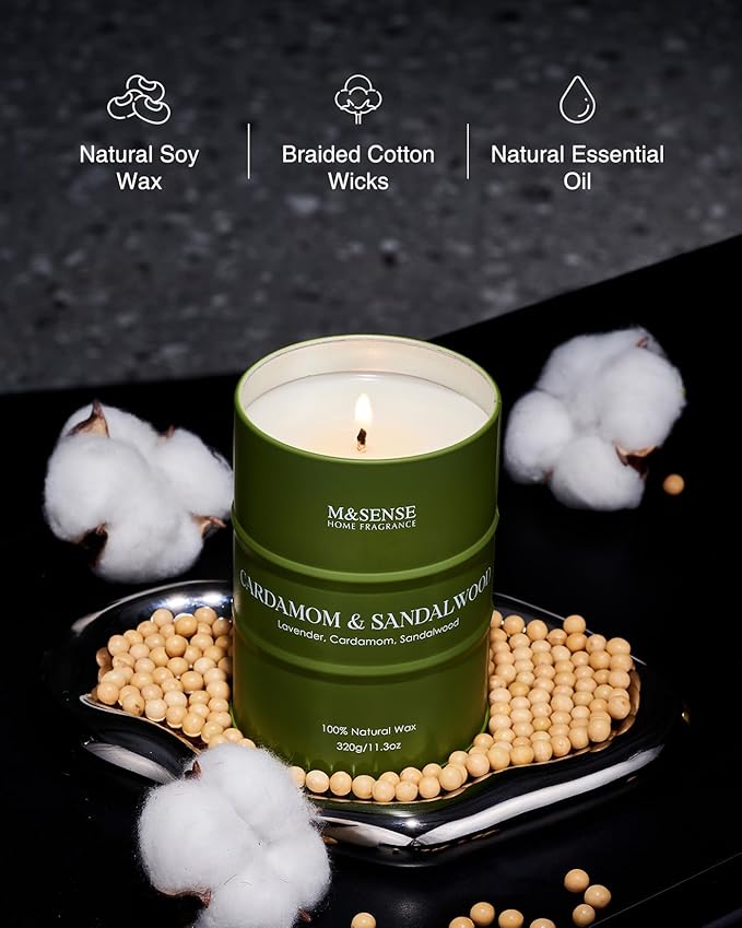 M&SENSE Cardamom Sandalwood Soy Scented Candles, Natural Organic Clean Burning Candles 11.3oz 70 Hours Long Lasting, Relaxing Aromatherapy Candles Gifts for Stress Relief