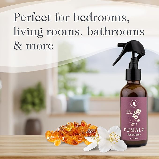 Room Spray - Sophisticated, All Natural Home Fragrance, Pure Essential Oil Air Freshener & Odor Eliminator, Refreshing Scent, Made in the USA, Amber & Jasmine, 4 oz Glass Bottle