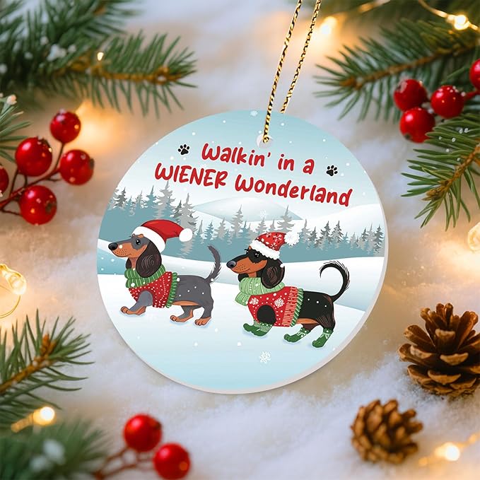 34HD Gifts for Christmas, Santa Dachshund Christmas Ornament Ceramic 2-Side Printed, Dachshund for Men Women, Christmas Hanging Decorations