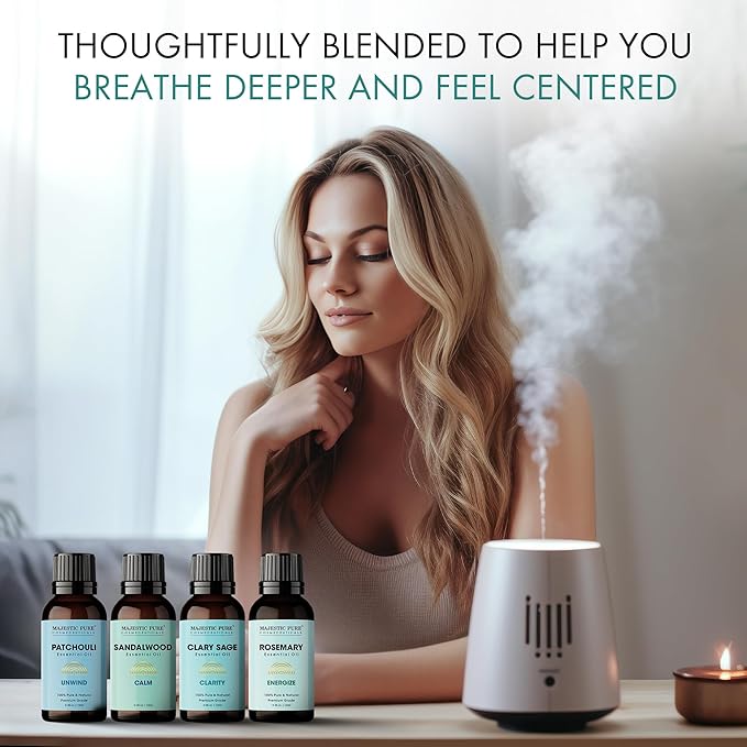 Majestic Pure, Rosemary, Sandalwood, Clary Sage and Patchouli Meditation Essential Oil Set | Perfect for Meditation, Yoga, Relaxation or Mindful Mornings | Pack of 4 x 0.3 Fl Oz