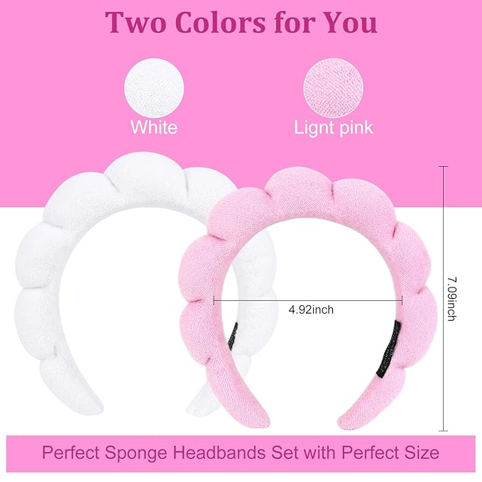 AMCAMI Puffy Spa Headband for Women 2 PCS Sponge Headbands for Girls Terry Towel Cloth Fabric Head Band for Skincare,Makeup Removal,Face Washing,Facial Mask,Shower,Hair Accessories(White&Light Pink)