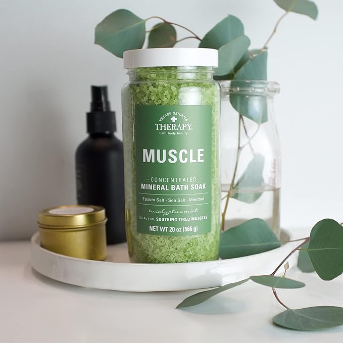 Village Naturals Therapy, Muscle Concentrated Mineral Bath Soak, Eucalyptus Mint Scent, 20 oz, Pack of 4