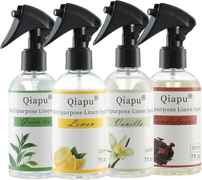 4-Pack Linen Spray Set – Vanilla, Sandalwood, Green Tea & Lemon Room Spray for Pillows, Sheets & Home Fragrance with Natural Essential Oils