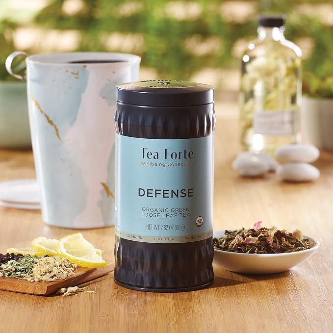 Tea Forte Defense Premium Organic Loose Leaf Caffeinated Green Tea Blend Canister, Makes 35-50 Cups