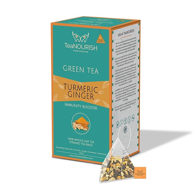 TeaNOURISH Turmeric Ginger Green Tea | 20 Count Pyramid Tea Bags | Darjeeling Whole Leaf Tea | Blended with Indian Turmeric, Ginger & Cinnamon | 100% NATURAL INGREDIENTS