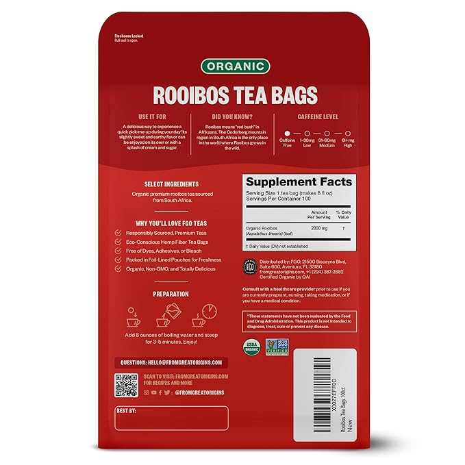 FGO Organic Rooibos Tea, 100 Count, Eco-Conscious Tea Bags, Caffeine Free, Packaging May Vary (Pack of 1)