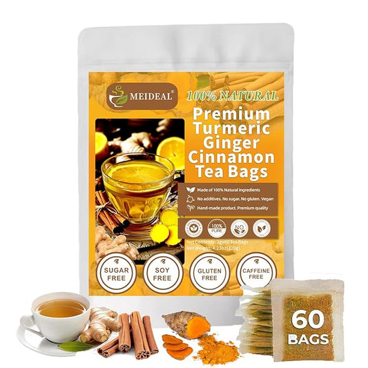 60 Bags Premium Turmeric Ginger Cinnamon Tea, 100% Natural Ingredients Blend, Pure Turmeric Ginger Herbal Tea for Wellness, No Additives, No Sugar, No Caffeine, Vegan (60 Bags)