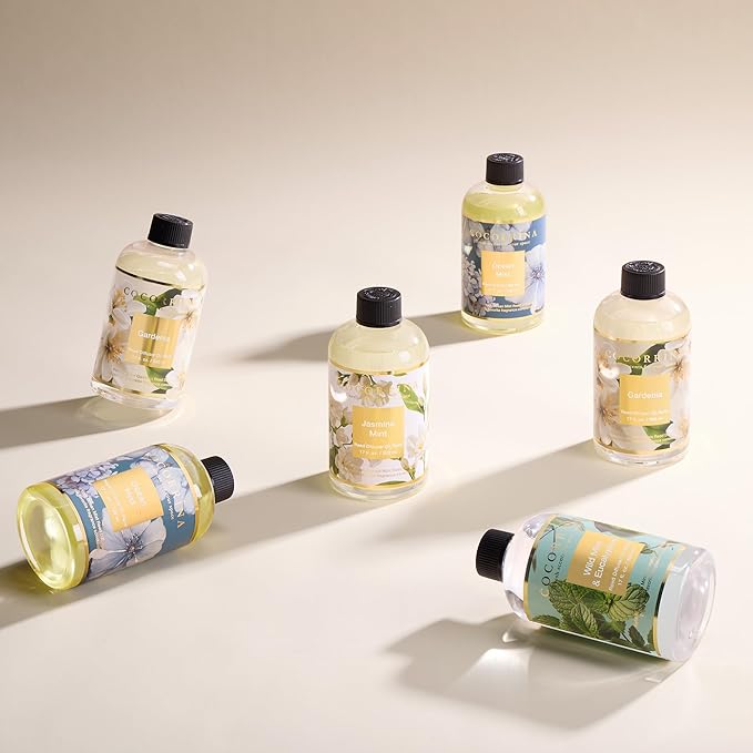 Cocorrína Reed Diffuser Refill Jasmine&Mint 17oz (500ml) with 8 Sticks - Premium Long-Lasting Scented Oil, Home Fragrance for Bedroom, Bathroom Home Decor