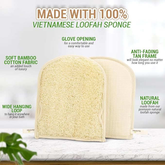 Premium Vietnamese Natural Loofah Gloves – Exfoliating Body Scrubber Mitts with Thumb Holes, Easy Grip Design, for Men & Women, Shower & Bath (Pack of 2)