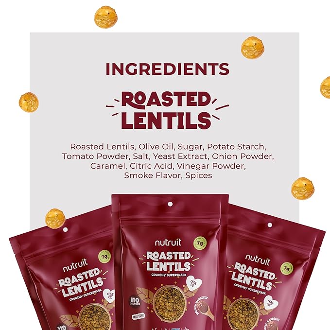 Nutruit Roasted Lentil Snacks - Tasty Snack Box with Vegan, Gluten Free, Non-GMO, High Protein, Low Calorie, Healthy On-The-Go Low Calorie Lentils Snacks - 4oz Packs (8-Pack Box) (8 Pack, Barbecue)