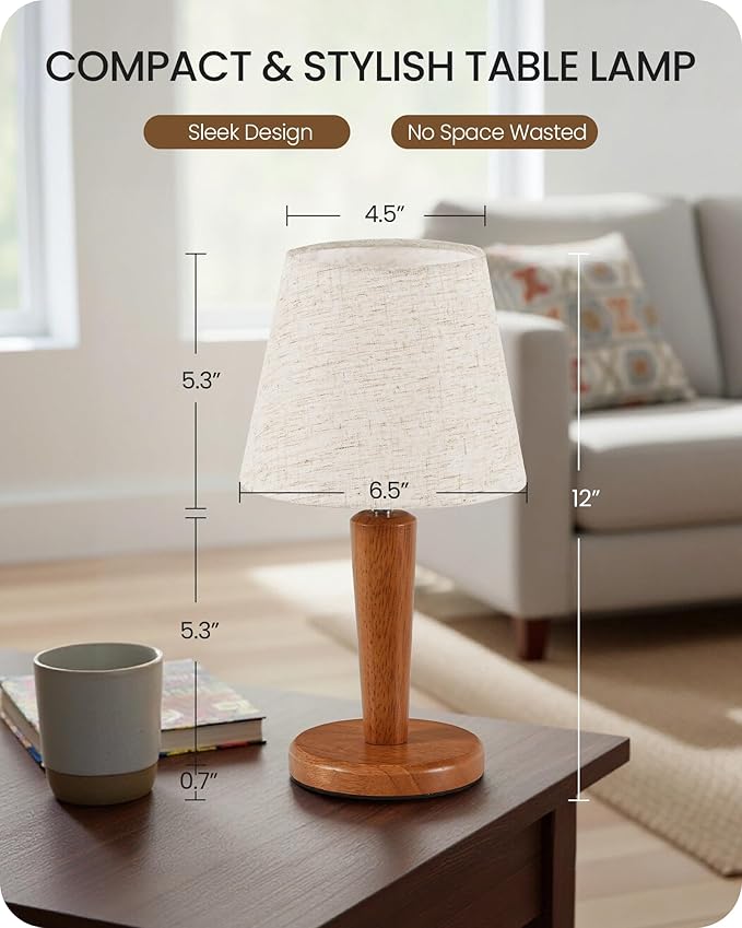 12”Wood Bedside Table Lamps Set of 2, Small Desk Lamps for Small Places, 3 Color Temperatures with Memory,Beige Linen Shade & E26 Bulbs, for Bedroom Living Room Office LE13TLP205