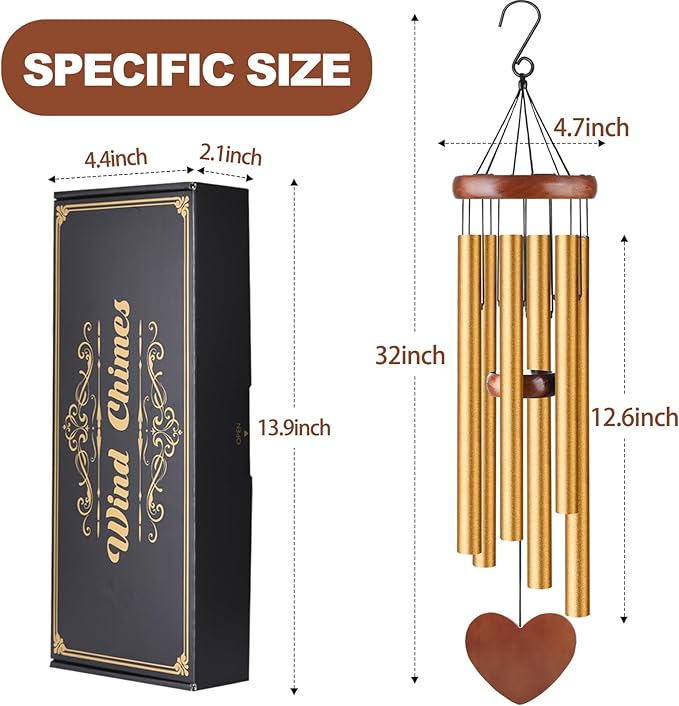 Large Gold Memorial Wind Chimes – Sympathy Gift for Mom – Outdoor Aluminum Wind Chimes for Garden, Patio, Lawn, or Home Décor