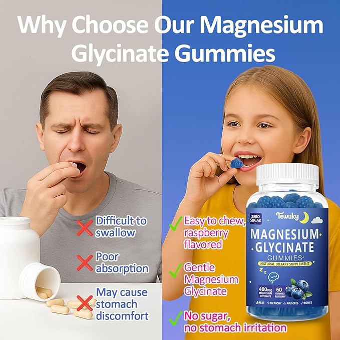 Magnesium Glycinate Gummies 400mg - Sugar Free Vegan Gummies for Adults & Kids with Vitamin D3, B6, C, CoQ10, Collagen, Zinc - Sleep, Muscle, Bone & Memory Support - 60 Blueberry Chewables
