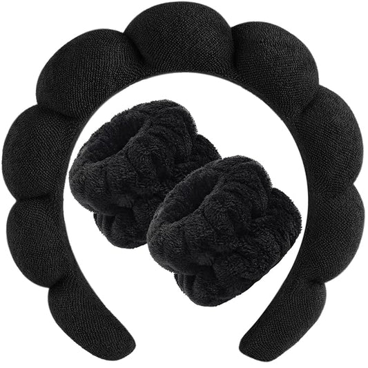Zkptops Spa Headbands for Washing Face or Facial Sponge Makeup Skin Care Headband Wristband Set Towel Bubble Soft Sponge Hairband for Women Girls Puffy Winter Non Slip Thick Thin Hair Accessory(Black)