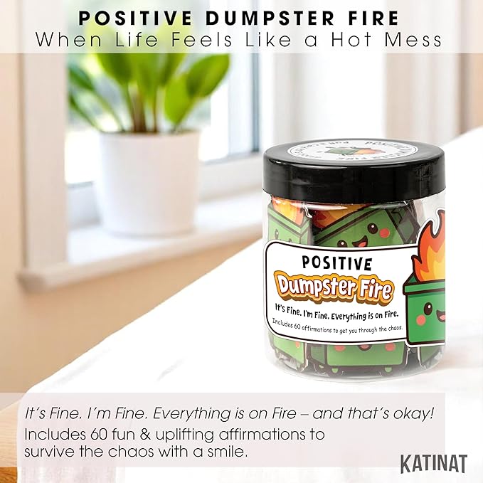 Emotional Supports Dumpster Fire Jar, 60 Positive Affirmation Cards, Dumpster Fire Desk Accessories, Relaxation Gifts, Coworker Gifts for Women, Great Gift for Boss, Teacher, Friends