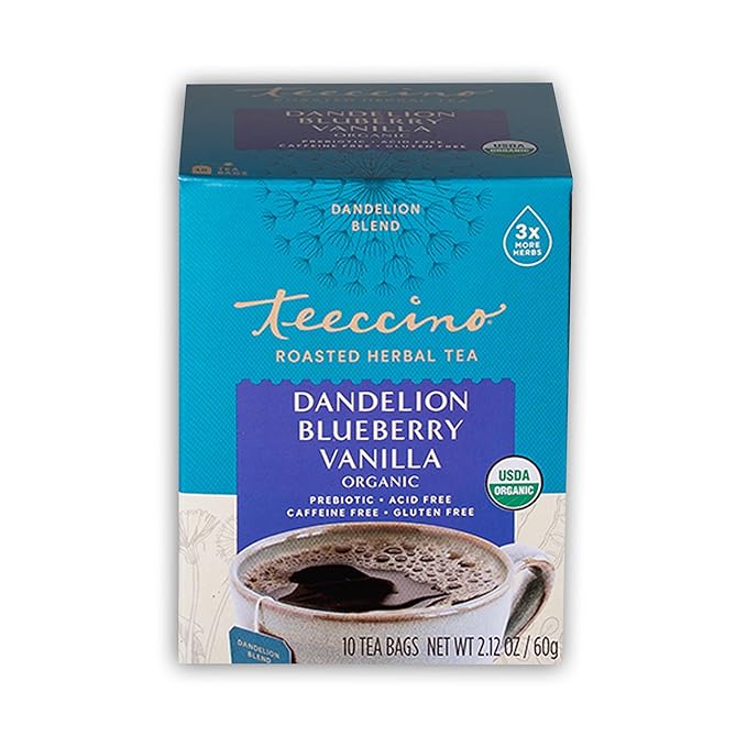 Teeccino Dandelion Blueberry Vanilla Herbal Tea, 10 Count - Rich & Roasted Herbal Tea That’s Caffeine Free & Prebiotic for Natural Energy, Coffee Alternative