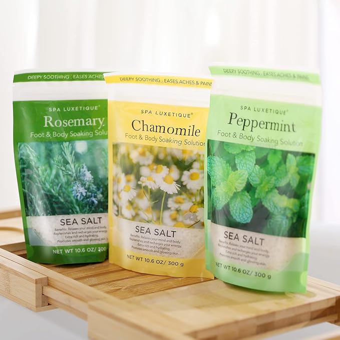 spa luxetique Bath Salts Gift Set 6-Pack, Foot and Body Sea Salts for Soaking, Wooden Scooper, 0.5oz Argan Oil, Bath Salts for Women Relaxing, Mother's Day Gifts for Mom