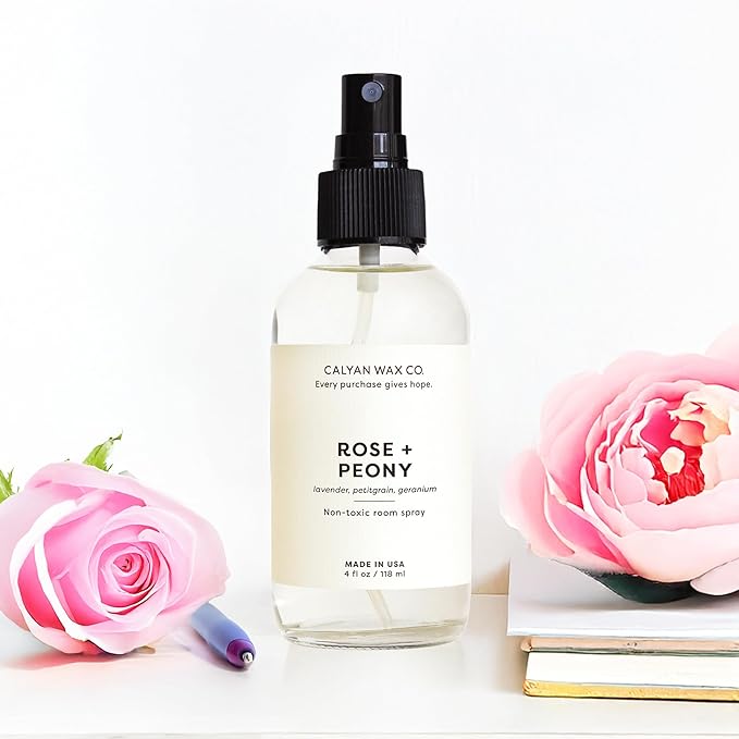 Calyan Wax Co. Rose & Peony Air Freshener, Non Aerosol Bedroom Spray, Natural Room Mist, Aromatherapy Spray with Essential Oils, 4fl oz