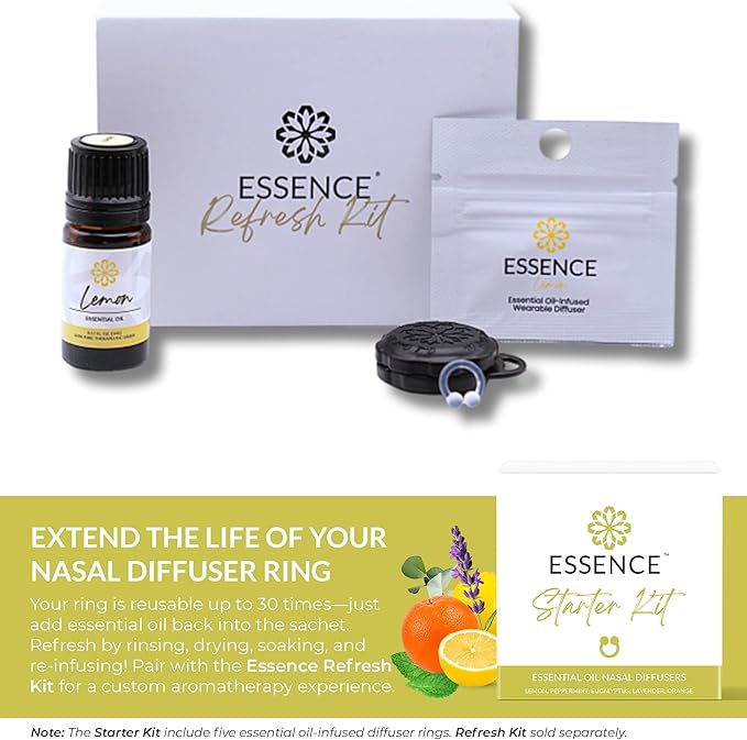 Essence Nasal Diffuser Starter Kit – Essential Oil Silicone Nose Ring Inhalers for Beginners – Wearable Aromatherapy Bundle for Relaxation, Energy & Breathing Support