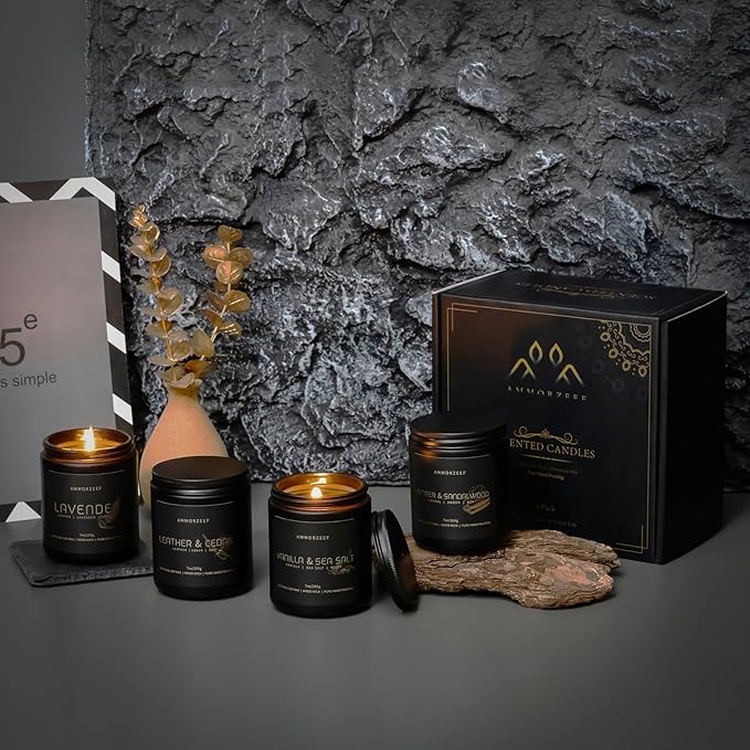 4 Pack Manly Scented Candles for Men Burn Time 200h Soy Candle Set for Home 7Oz Wood Wick Aromatherapy Candles for Relaxation Scented Leather Cedar/Lavender/Amber Sandalwood/Vanilla Candles