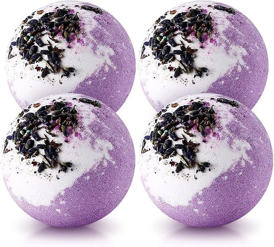 Dried Flower Bath Bombs Salt Balls,4-Pack Gift Set,Lavender Extract Essential Oils,Moisturizing Dry Skin,Fizzy Spa,Relaxation,Self Care,Relaxing,Bubble Bath Bomb Gifts Idea for Men Women