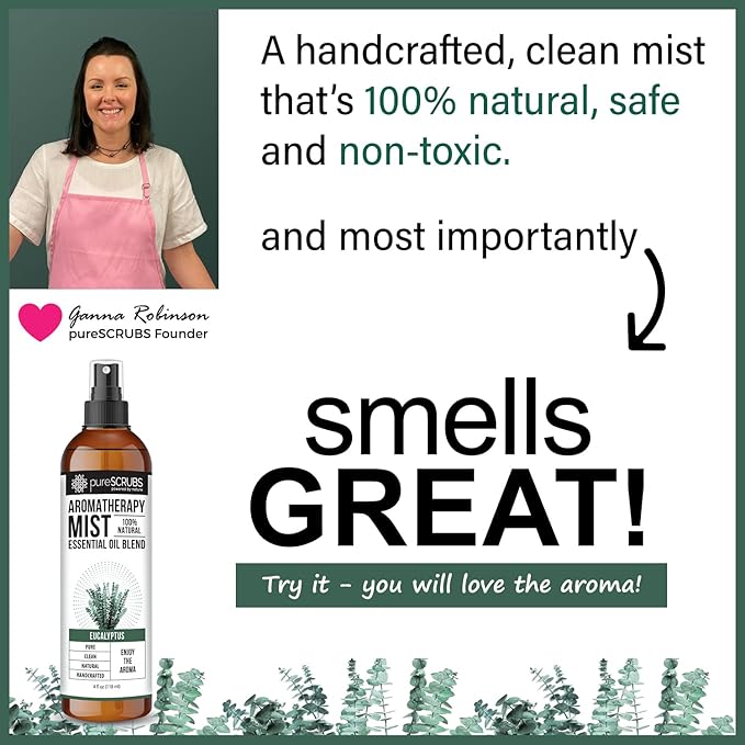 SHAKE, MIST & ENJOY - pureSCRUBS Premium Eucalyptus Aromatherapy Spray Mist for Room, Body, Linens, 100% Natural Essential Oils Plant Based Formula - One 4oz Bottle