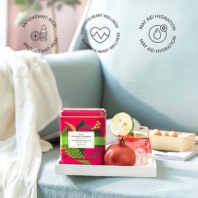 Life Plus Style Gourmet The Secret Garden Organic Pomegranate Green Tea Natural Caffeinated Herbal Leaf 50 Tea Bags Gift Tin USDA Certified Non-GMO Sugar Free Antioxidant Rich Green Tea