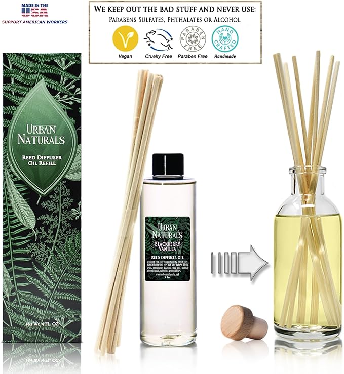 Urban Naturals Reed Diffuser Oil Refill, BlackBerry Vanilla Diffuser Oil with Blackberries, Vanilla, Patchouli, 4 oz + Free Reed Sticks, Made in The USA
