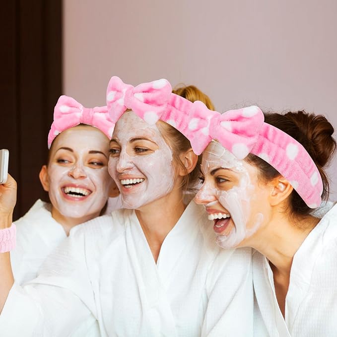 CIEHER 8 Pcs Spa Headbands for Women & Girls - Pink Dot Spa Headbands for Bachelorette Party, Sleep Party, Skincare, Makeup & Face Wash Use