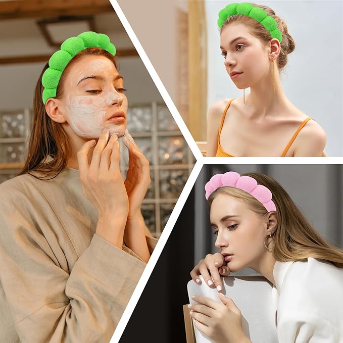 AMCAMI 2 PCS Puffy Spa Headband for Women Sponge Headbands for Girls Terry Towel Cloth Fabric Head Band for Skincare,Makeup Removal,Face Washing,Facial Mask,Shower,Hair Accessories(Green&Light Pink)