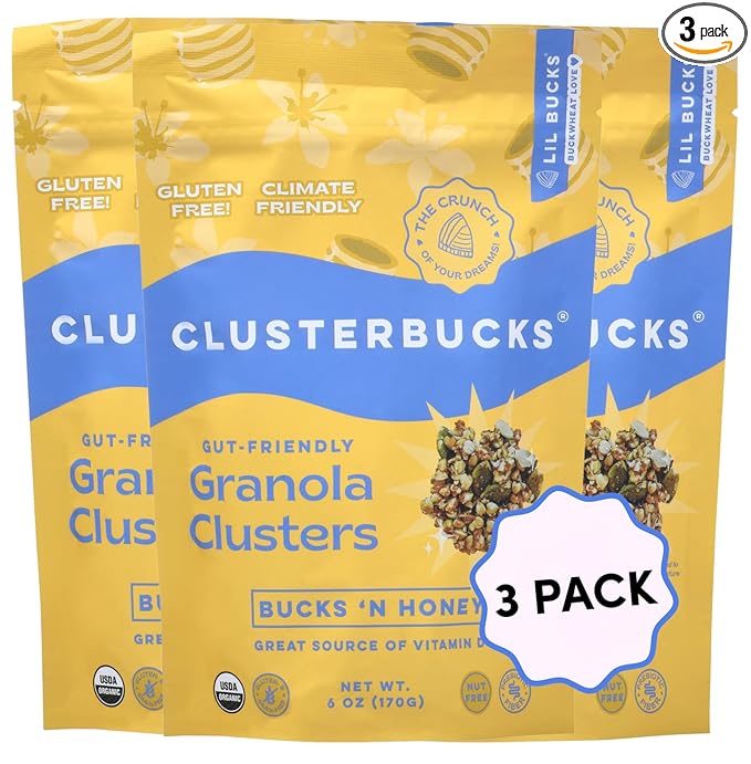 Clusterbucks Superfood Clusters – Grain-Free, Keto-Friendly Granola with Regeneratively Grown Sprouted Buckwheat– Gluten-Free, Low-Carb, Organic Healthy Snack (3-Pack, Bucks 'n Honey)