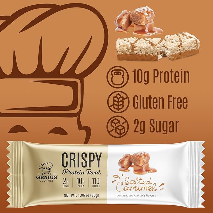 Genius Gourmet Crispy Protein Treat, Salted Caramel, Keto Snack, Low Carb, Low Sugar & Gluten Free, Protein Snacks for Adults, 10G of Whey Protein per Protein Bar, 5 Net Carbs, On The Go Snack, 10 CT
