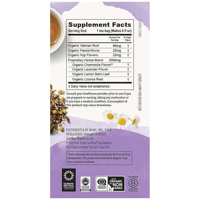 Numi Organic Tea Sweet Slumber, Valerian Root, Chamomile & Lavender Sleep Tea, 16 Tea Bags (Pack of 3), Packaging May Vary