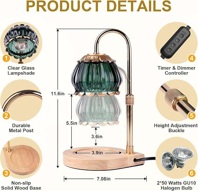 Candle Warmer Lamp with Timer,Dimmable Candle Warmer Light Adjustable Height Warmer Glass Lantern, Gifts for Women House Warming New Home Bedroom Decoration,Green
