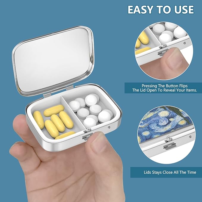 2 Compartment Pill Box, Portable for Pocket or Handbag, Decorative Metal Pill Box, Vitamin Organizer, Unique Gift (1 Piece, 39-Flowers Pinck)