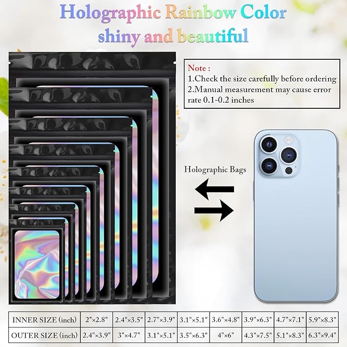 100 Pack Holographic Bags, Smell Proof Packaging Bags, Clear Window Resealable Odor Foil Pouch Mylar Bag for Food Storage and Lipgloss, Jewelry Lash (Black, 5.1 x 8.3 Inch)