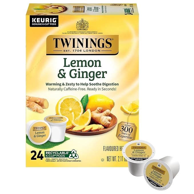 Twinings Lemon & Ginger Herbal Tea K-Cup Pods for Keurig, 24 Count (Pack of 1), Tangy & Spicy, Naturally Caffeine-Free, Enjoy Hot or Iced