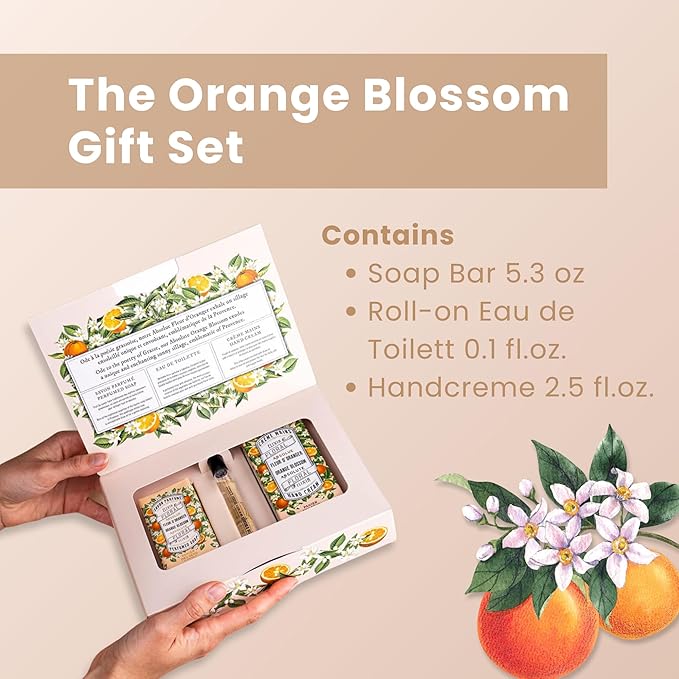 Panier des Sens - Orange Blossom Gift Set for Women - Roll On Perfume + Hand Cream + Bar Soap - Thank you, Birthday Gift for Her - Self Care Kit with 96% Natural Ingredients - Skin Care Set