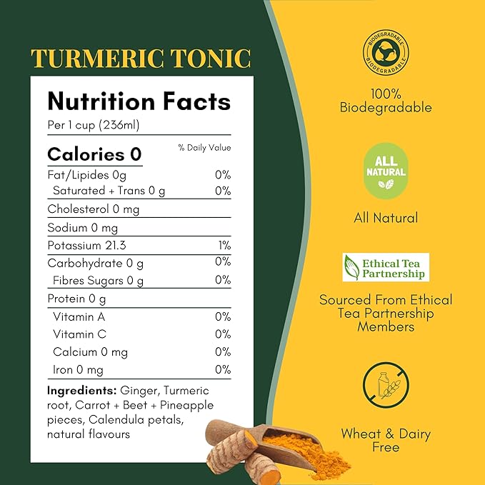Tease Tea Turmeric Ginger Tea - Turmeric Tonic Herbal Tea, Anti-Inflammatory, Caffeine Free Drink Made with Ginger, Turmeric Root, and Calendula for Digestion Support and Tension Soothing
