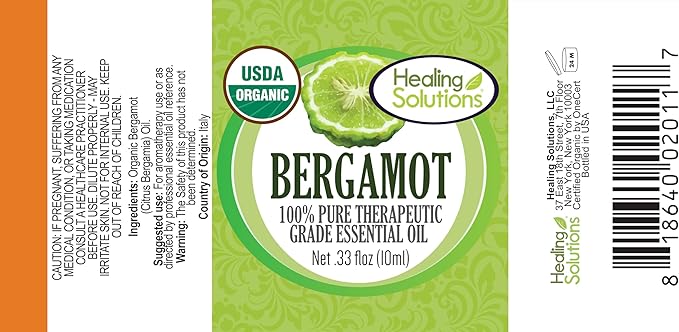 Healing Solutions Bergamot Essential Oil, 0.33 oz (10ml), Organic, Undiluted, Pure Oil for Skin & Diffuser