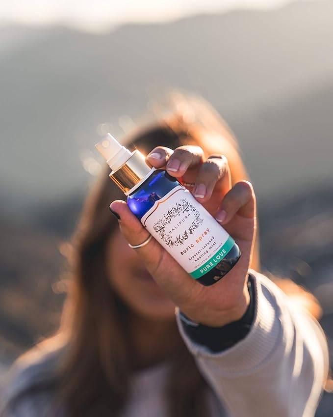 BALIPURA - 4 pc Variety Aura Cleansing Sprays Gift Set with Linen Bag - Infused with Crystal - Organic Essential Oils - 100ml Each