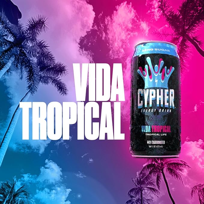 Cypher Sugar Free Energy Drink, Tropical Life – Non-Carbonated & Low Calorie Juice Energy Drink for Lasting Stamina & Focus with 260mg Caffeine, 3g Whey Protein, & 5 Amino Acids (12) 16oz Cans