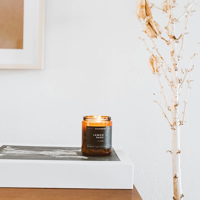Calyan Wax Co. Soy Wax Candle, Lemon + Sage Scented Candle, 57 Hour Burn Time, Aromatherapy Soy Candles, Non Toxic & Vegan Soy Wax, Amber Glass Jar Scented Candles, 7.2oz